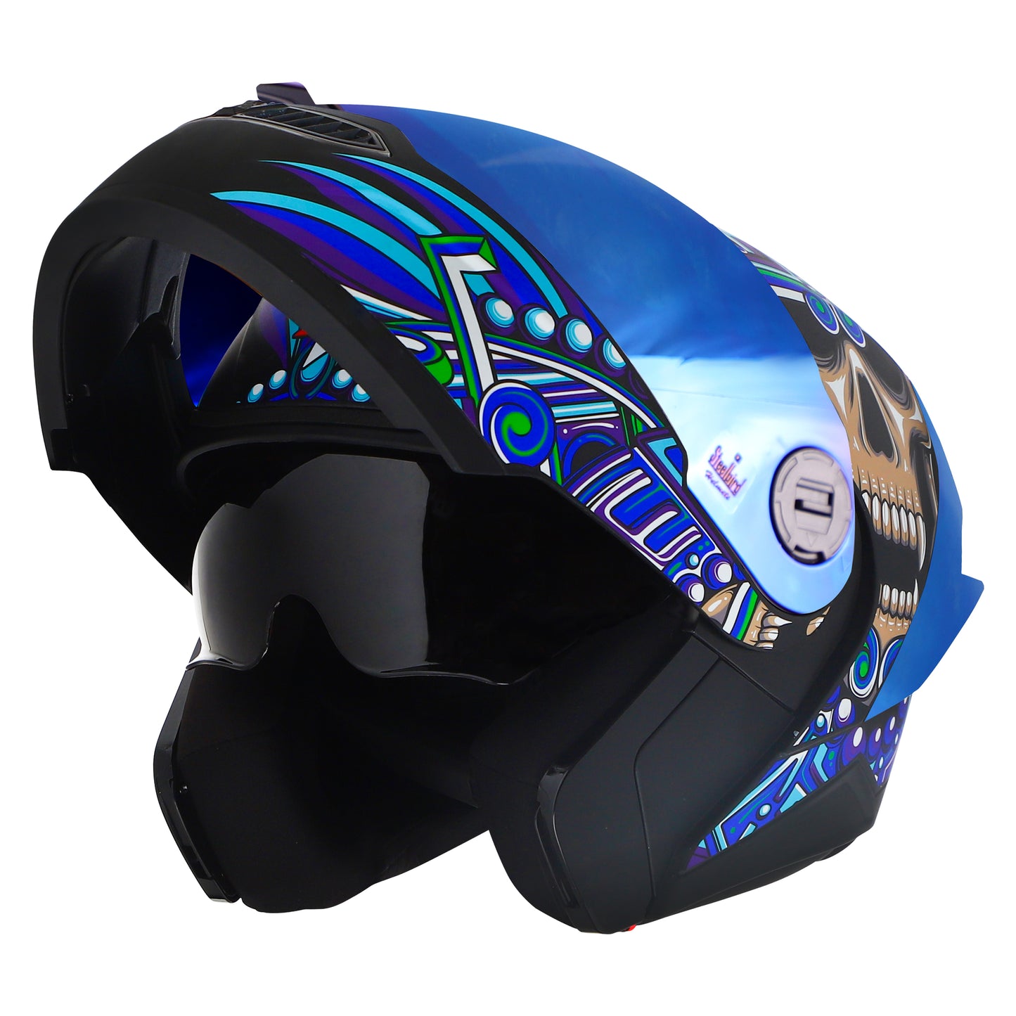 Steelbird SBA-8 Hunt ISI Certified Flip-Up Graphic Helmet for Men and Women with Inner Smoke Sun Shield (Glossy Black Blue with Blue Spoiler and Chrome Blue Visor)