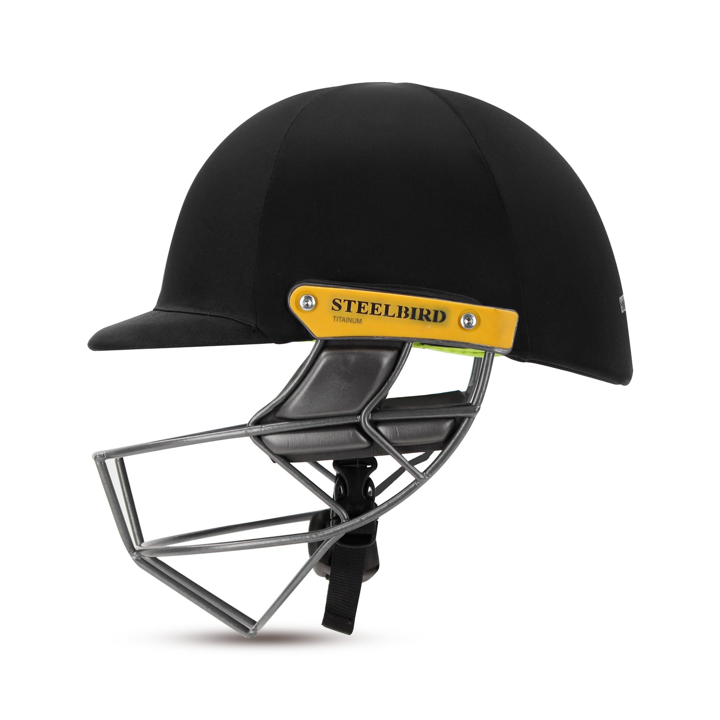 Steelbird Hitz Titanium Grill Premium Cricket Helmet for Men & Boys (Fixed Spring Steel Grill | Light Weight) (BlackFabric with Green Interior)