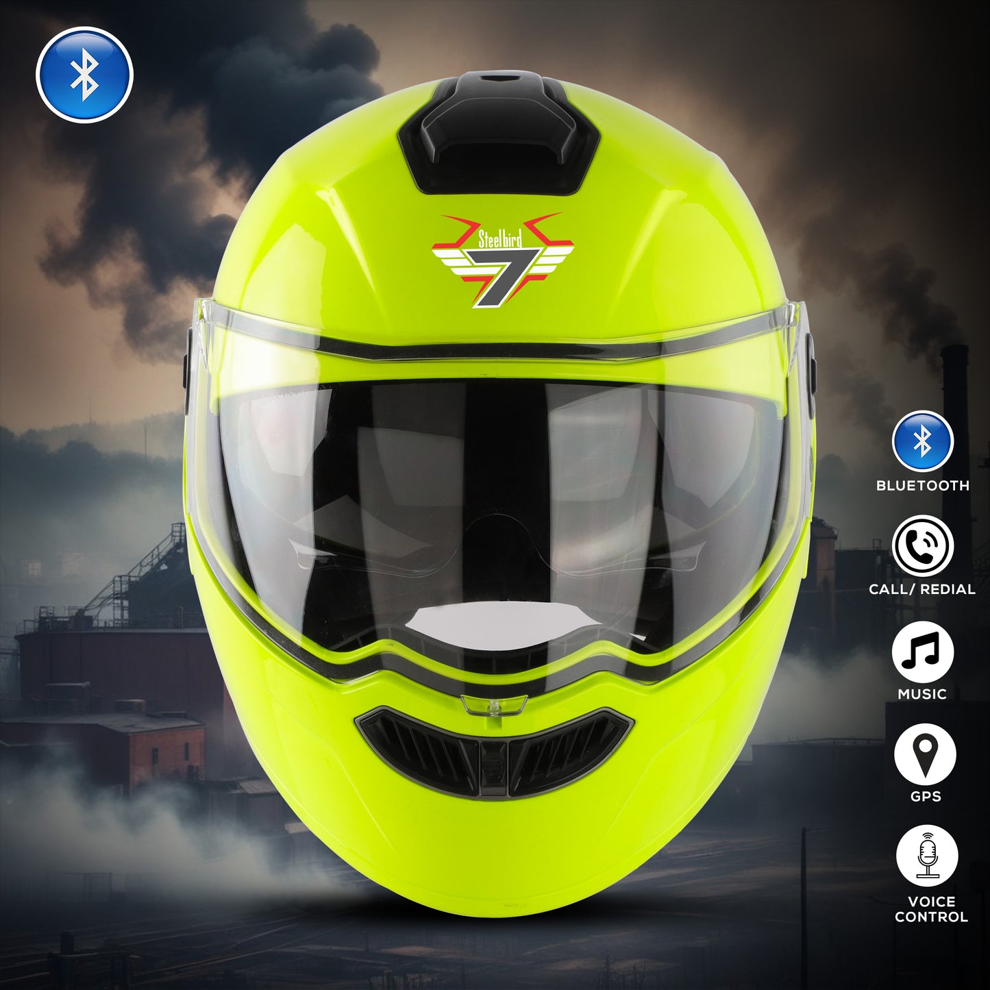 Steelbird Bluetooth Flip Up ISI Certified Helmet for Men and Women with Inner Smoke Sun Shield | SBA-8 7Wings (Glossy Fluo Neon)