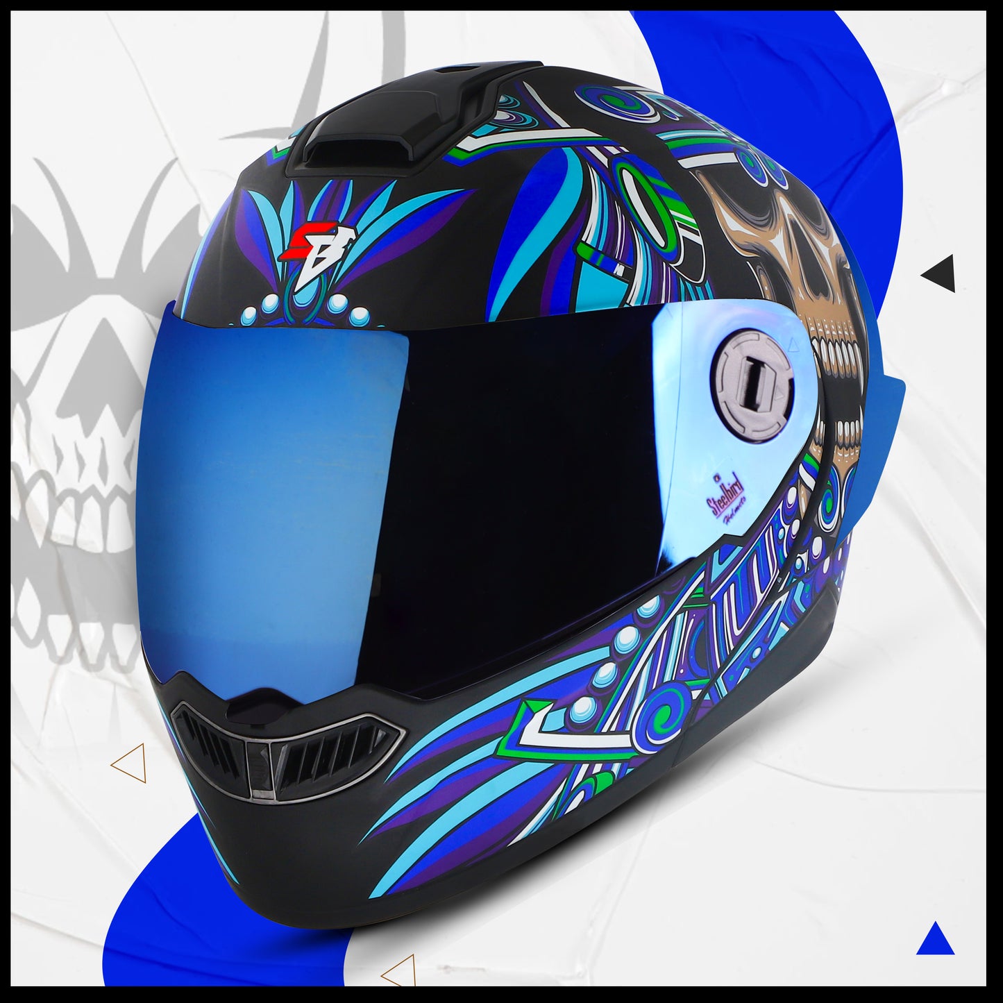 Steelbird SBA-8 Hunt ISI Certified Flip-Up Graphic Helmet for Men and Women with Inner Smoke Sun Shield (Glossy Black Blue with Blue Spoiler and Chrome Blue Visor)