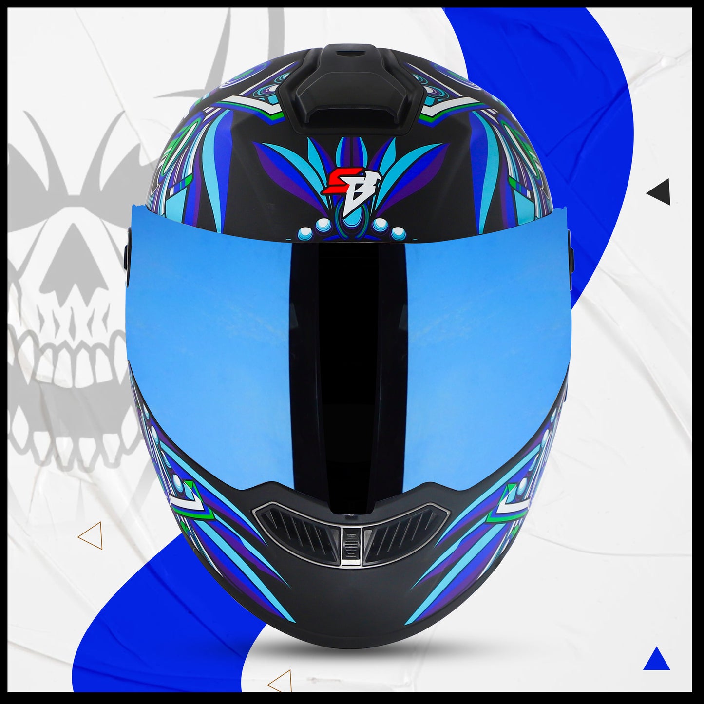 Steelbird SBA-8 Hunt ISI Certified Flip-Up Graphic Helmet for Men and Women with Inner Smoke Sun Shield (Glossy Black Blue with Blue Spoiler and Chrome Blue Visor)