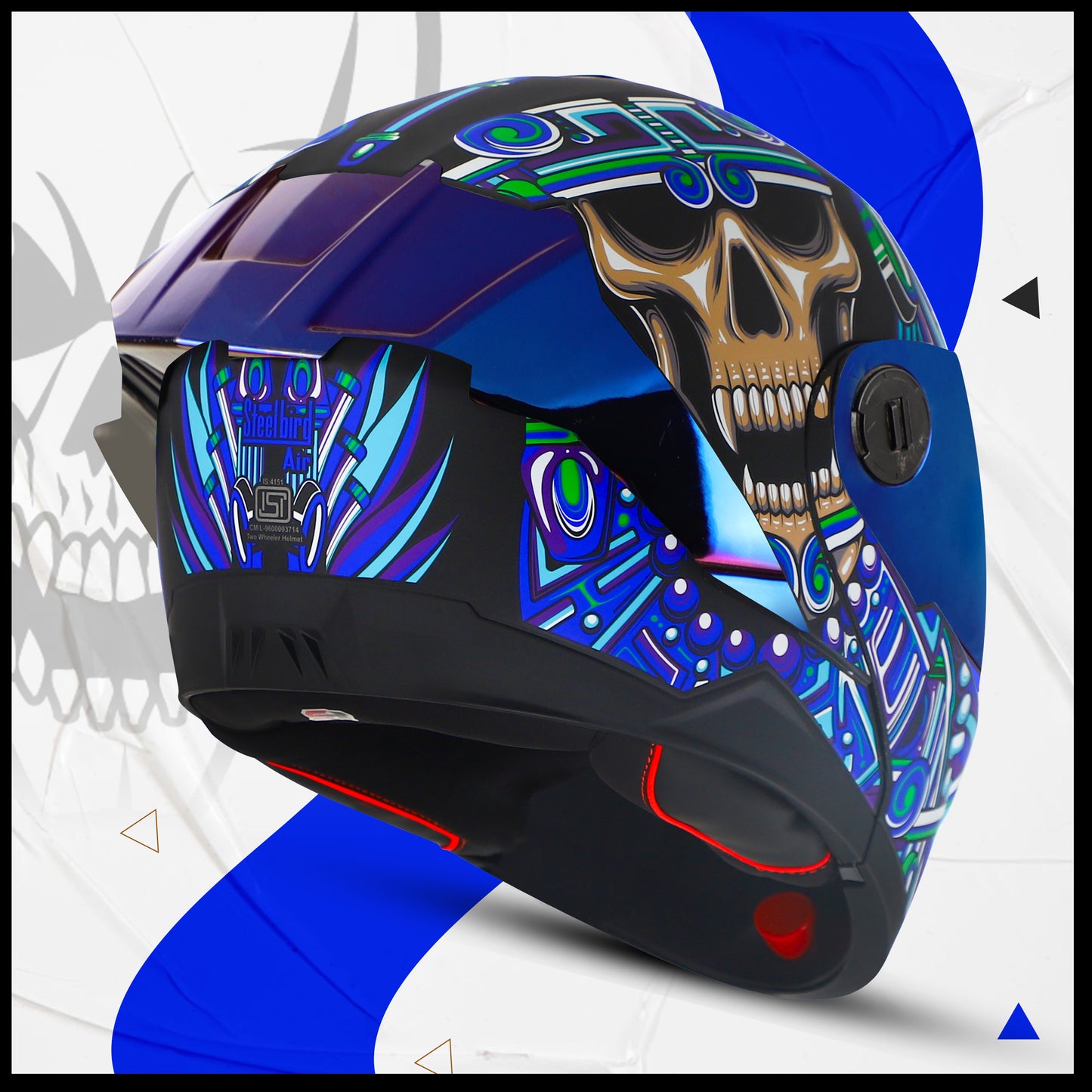 Steelbird SBA-8 Hunt ISI Certified Flip-Up Graphic Helmet for Men and Women with Inner Smoke Sun Shield (Glossy Black Blue with Blue Spoiler and Chrome Blue Visor)