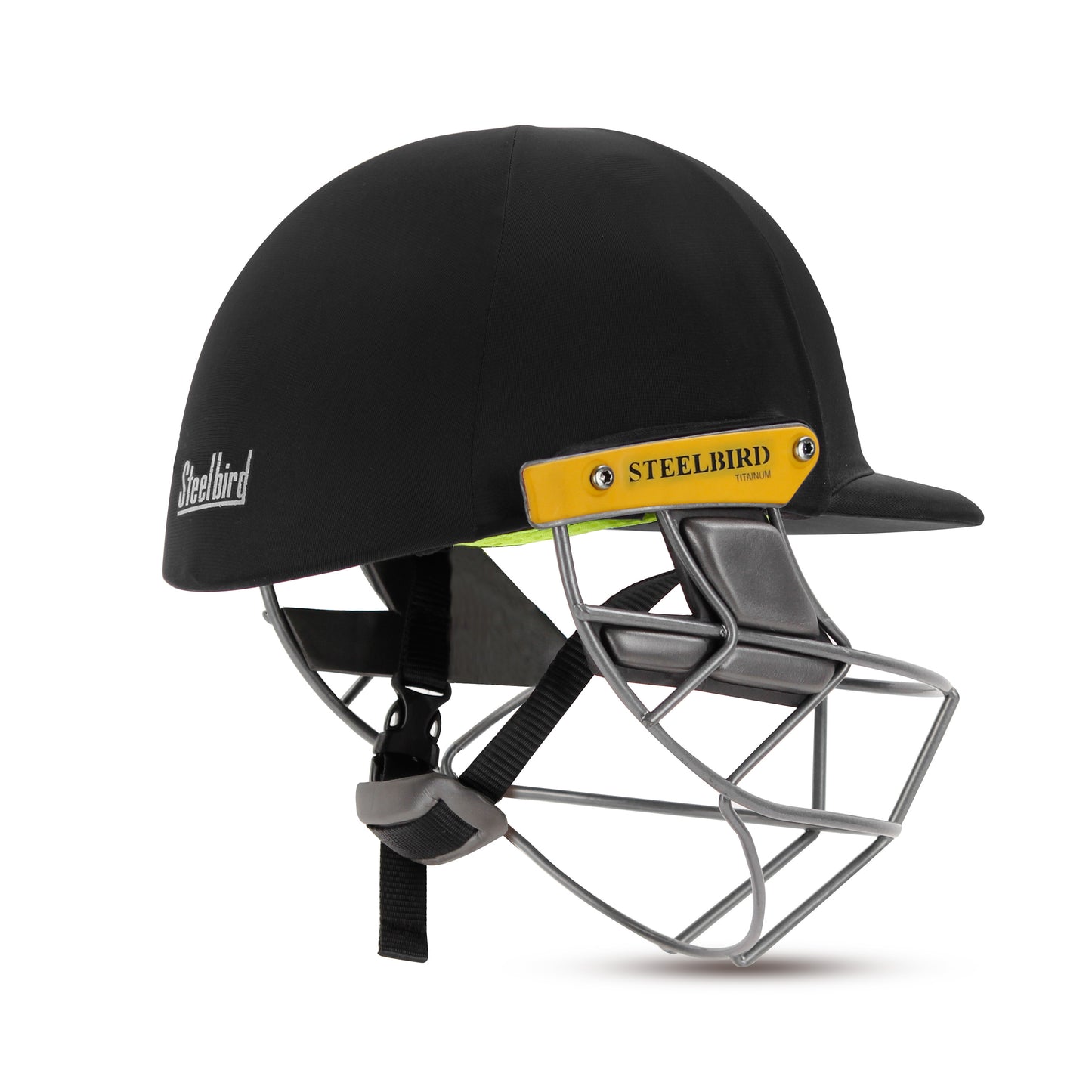 Steelbird Hitz Titanium Grill Premium Cricket Helmet for Men & Boys (Fixed Spring Steel Grill | Light Weight) (BlackFabric with Green Interior)