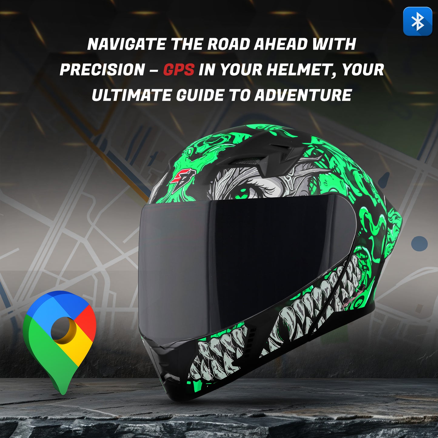 Steelbird SBA-20 Draco Bluetooth ISI Certified Full Face Helmet for Men and Women with Inner Smoke Sun Shield (Glossy Black Green)