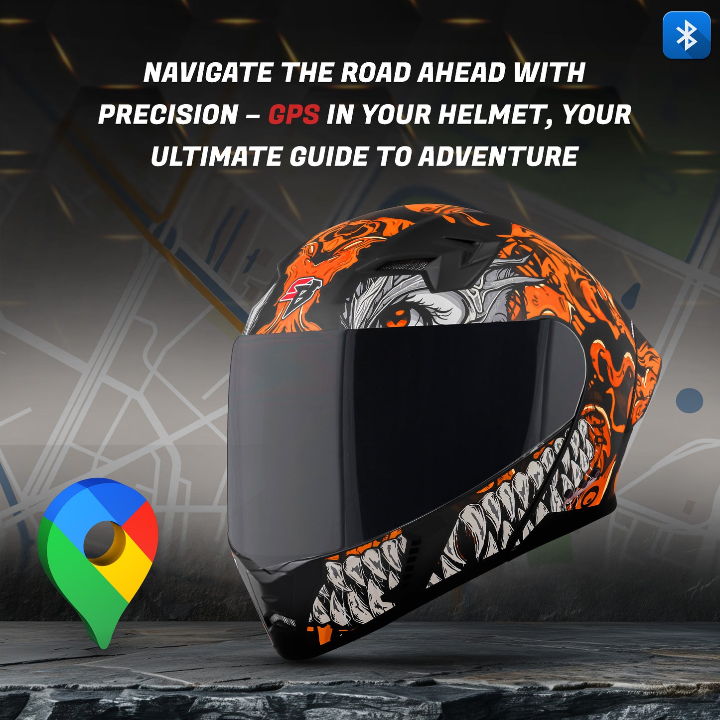 Steelbird SBA-20 Draco Bluetooth ISI Certified Full Face Helmet for Men and Women with Inner Smoke Sun Shield (Glossy Black Orange)