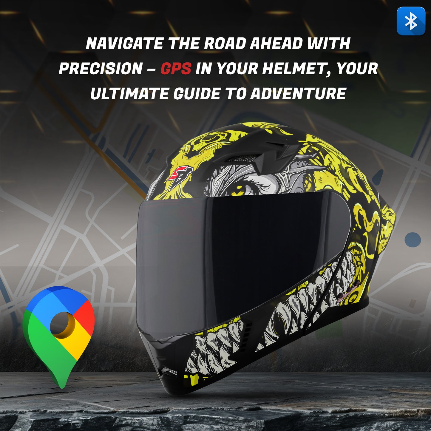 Steelbird SBA-20 Draco Bluetooth ISI Certified Full Face Helmet for Men and Women with Inner Smoke Sun Shield (Glossy Black Neon)