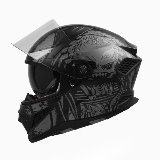 Steelbird SBH-25 Predator ISI Certified Full Face Graphic Helmet for Men and Women (Glossy Black Grey with Inner Smoke Sun Shield)