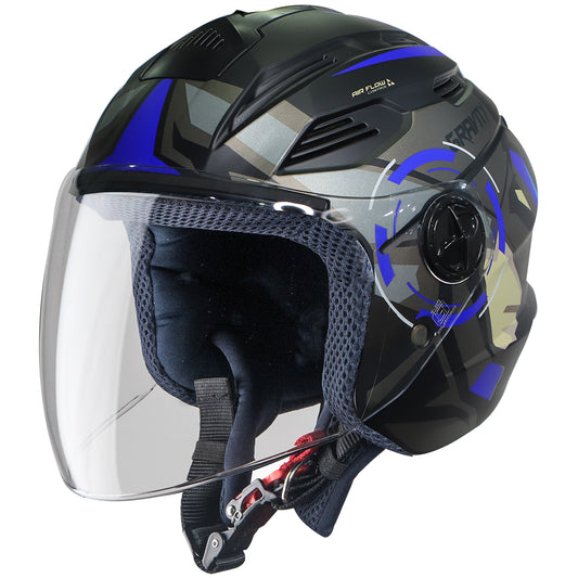 Steelbird SBA-6 7Wings Gravity ISI Certified Open Face Graphic Helmet for Men and Women (Matt Black Blue with Clear Visor)