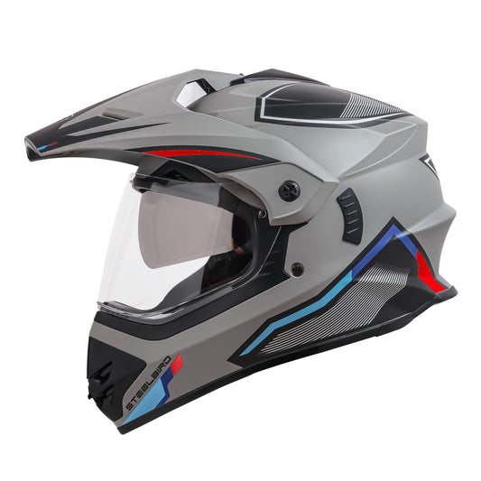 Steelbird Racer Off Road ISI Certified Motocross Double Visor Full Face Graphic Helmet Outer Clear Visor and Inner Silver Sun Shield (Glossy Grey Red)