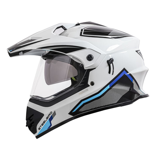 Steelbird Racer Off Road ISI Certified Motocross Double Visor Full Face Graphic Helmet Outer Clear Visor and Inner Silver Sun Shield (Glossy White Grey)