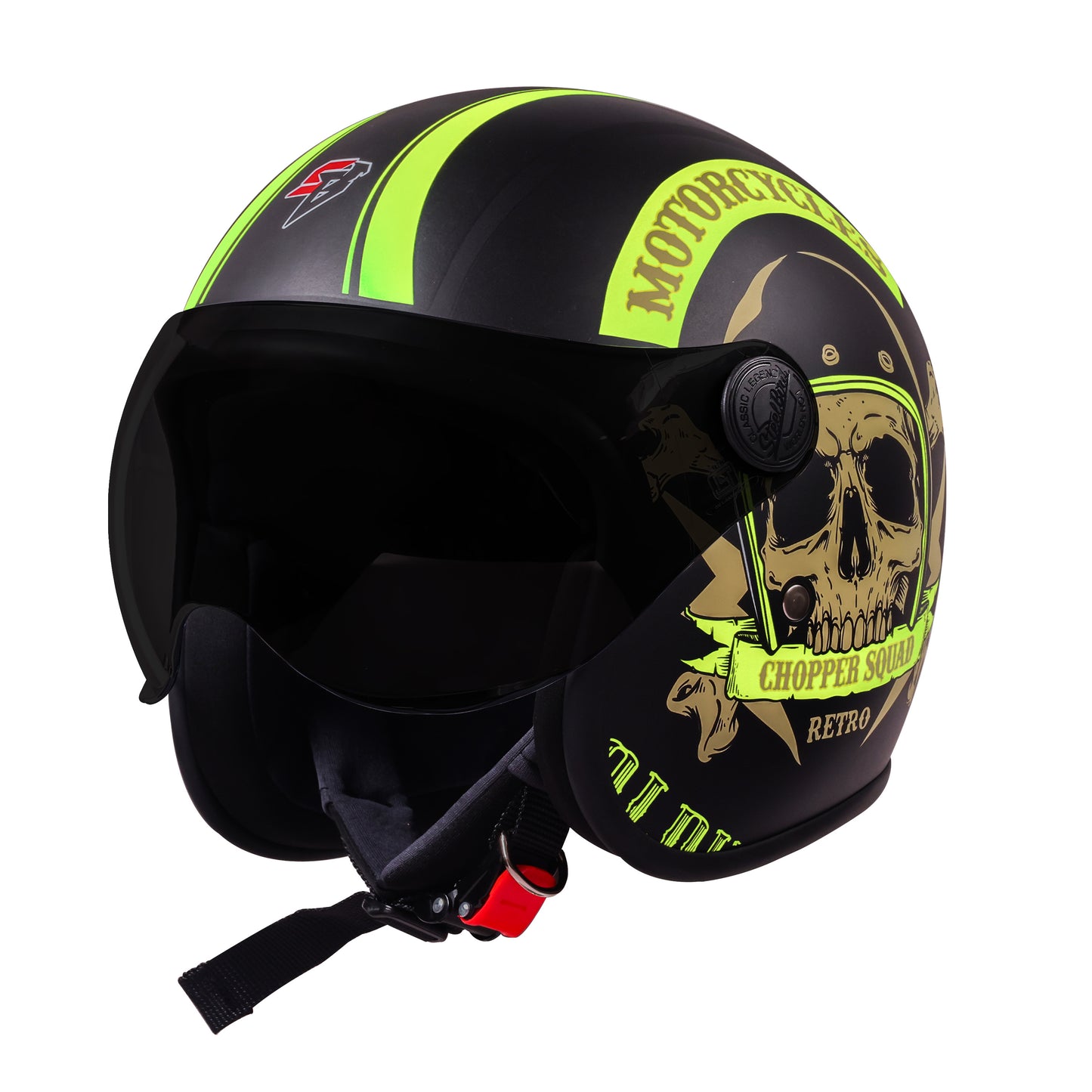 Steelbird SBH-54 Chopper Squad ISI Certified Open Face Helmet for Men and Women (Glossy Black Neon)