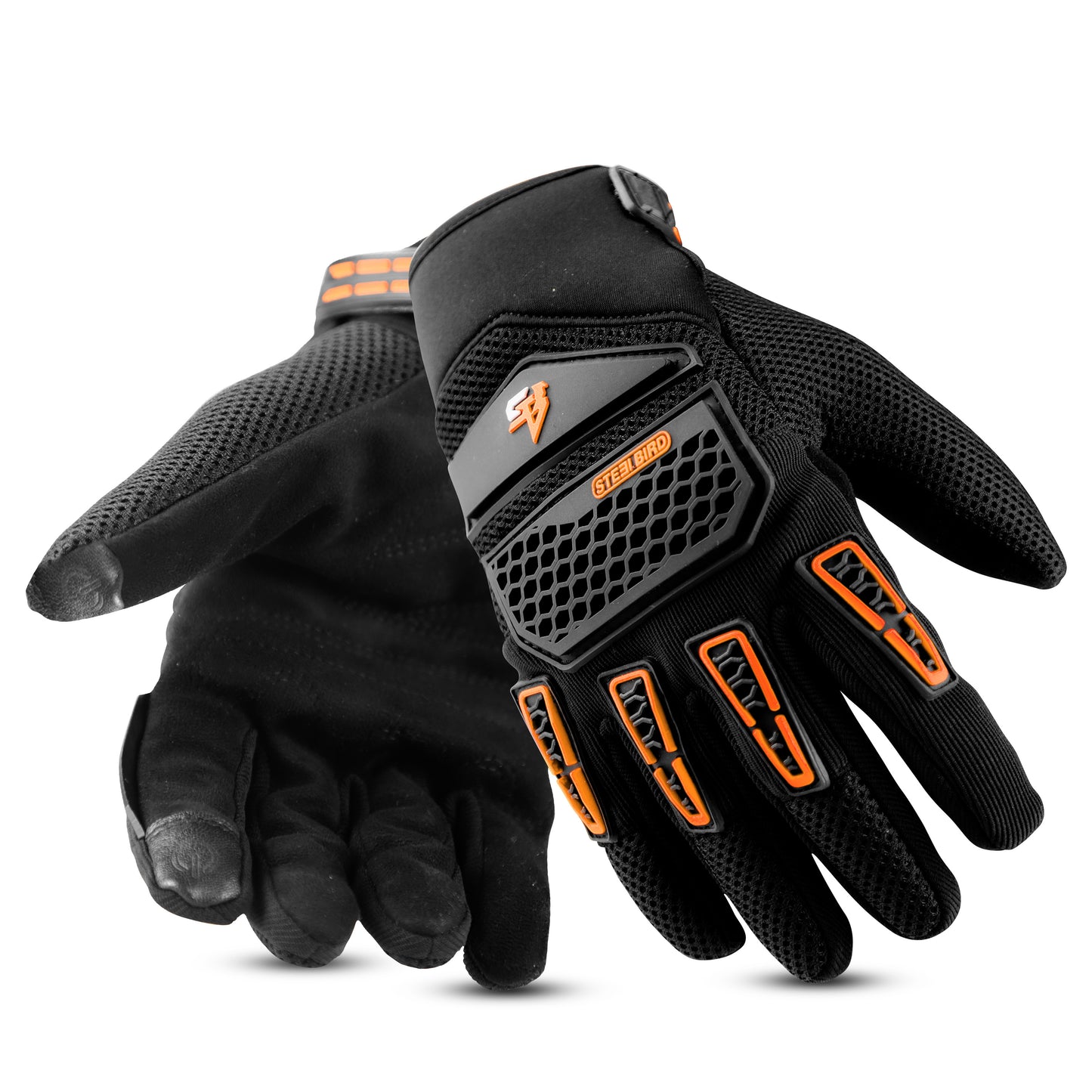 Steelbird Adventure A-2 Full Finger Bike Riding Gloves with Touch Screen Sensitivity at Thumb and Index Finger, Protective Off-Road Motorbike Racing (Orange)