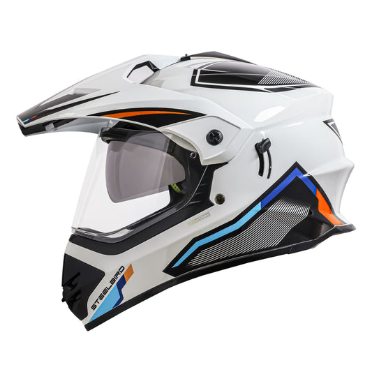 Steelbird Racer Off Road ISI Certified Motocross Double Visor Full Face Graphic Helmet Outer Clear Visor and Inner Silver Sun Shield (Glossy White Orange)