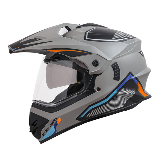 Steelbird Racer Off Road ISI Certified Motocross Double Visor Full Face Graphic Helmet Outer Clear Visor and Inner Silver Sun Shield (Glossy Grey Orange)