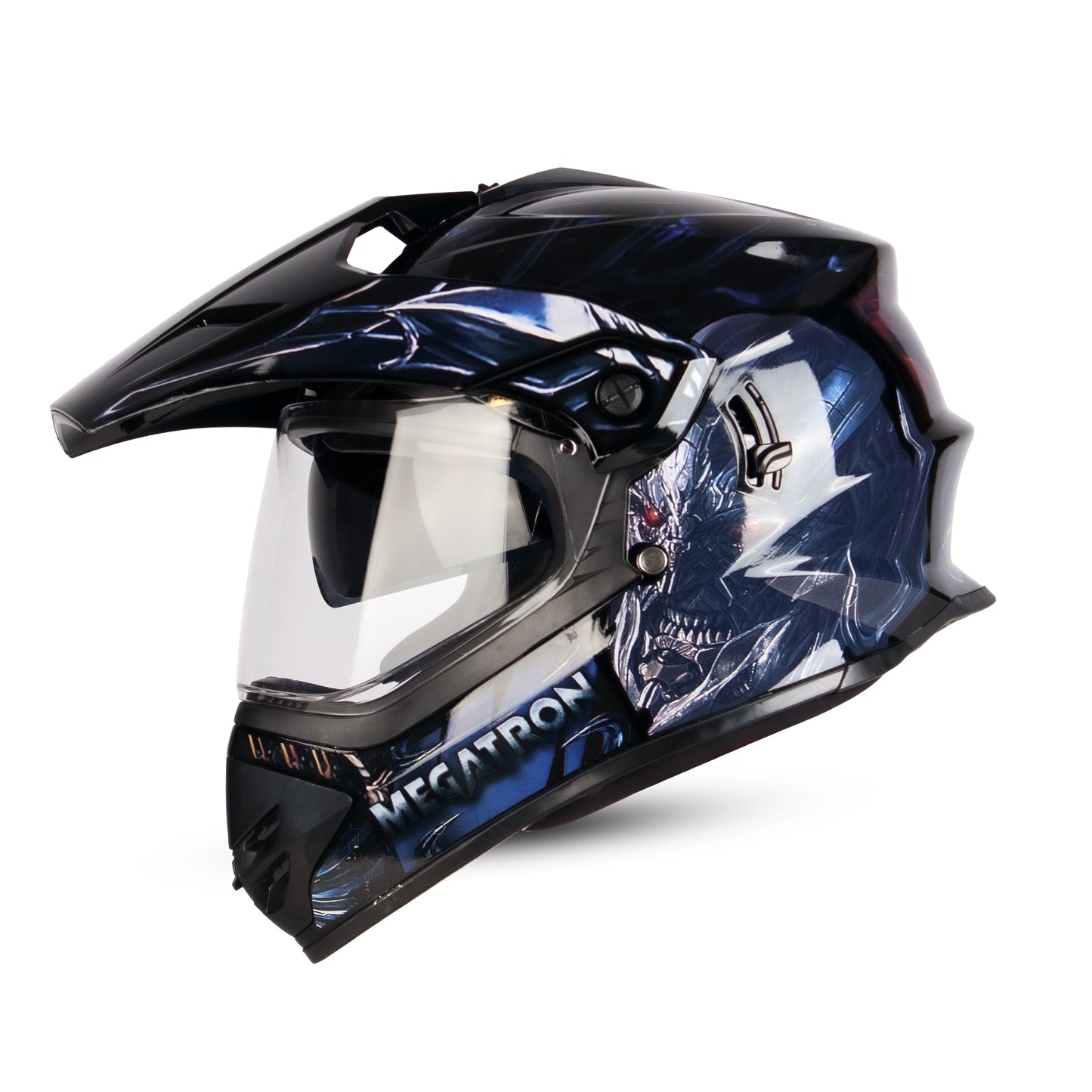 Steelbird SBH-13 Transformers Megatron ISI Certified Off Road Full Face Graphic Helmet for Men and Women ( Glossy Black Grey with Inner Sun Shield)