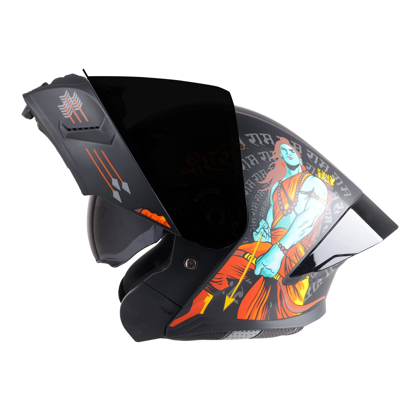 Steelbird SBA-20 Jai Shree Ram ISI Certified Flip-Up Helmet for Men and Women (Glossy Black Orange with Smoke Visor)