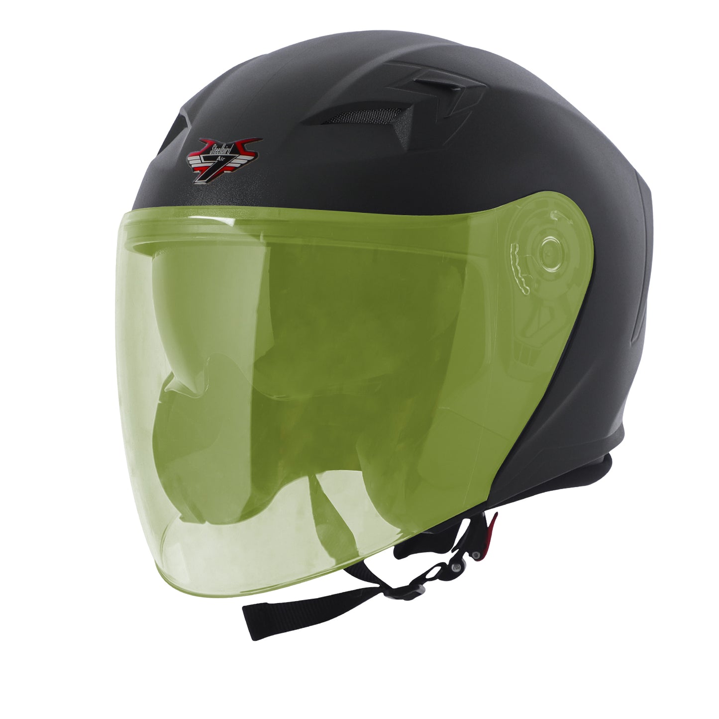 Steelbird SBA-17 7Wings ISI Certified Open Face Helmet for Men and Women with Inner Smoke Sun Shield (Dashing Black with Tinted Yellow Visor)