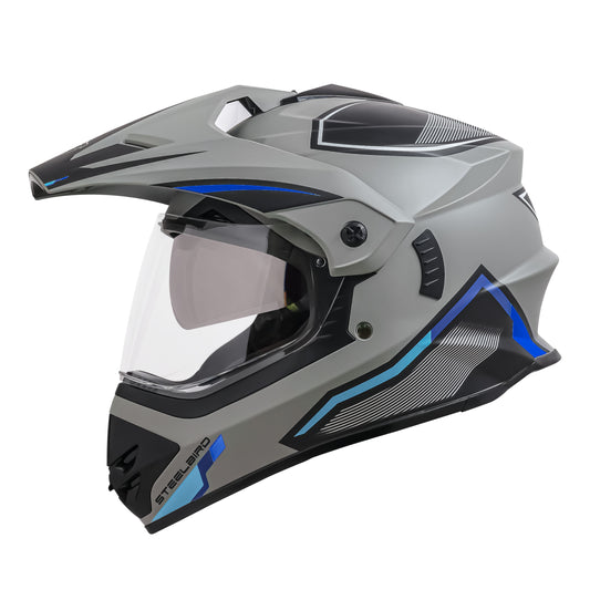 Steelbird Racer Off Road ISI Certified Motocross Double Visor Full Face Graphic Helmet Outer Clear Visor and Inner Silver Sun Shield (Glossy Grey Blue)