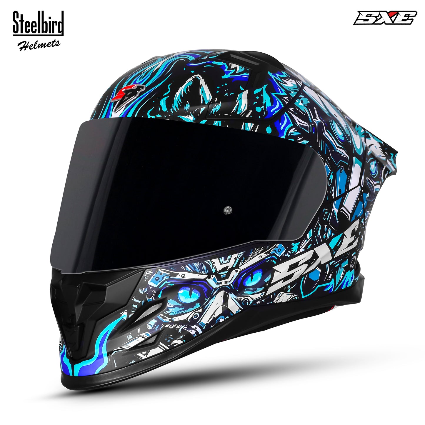 Steelbird SBH-61 SXE X1 ISI and Dot Certified Full Face Helmet for Men with Inner Silver Sunshield (Glossy Black Sky Blue)