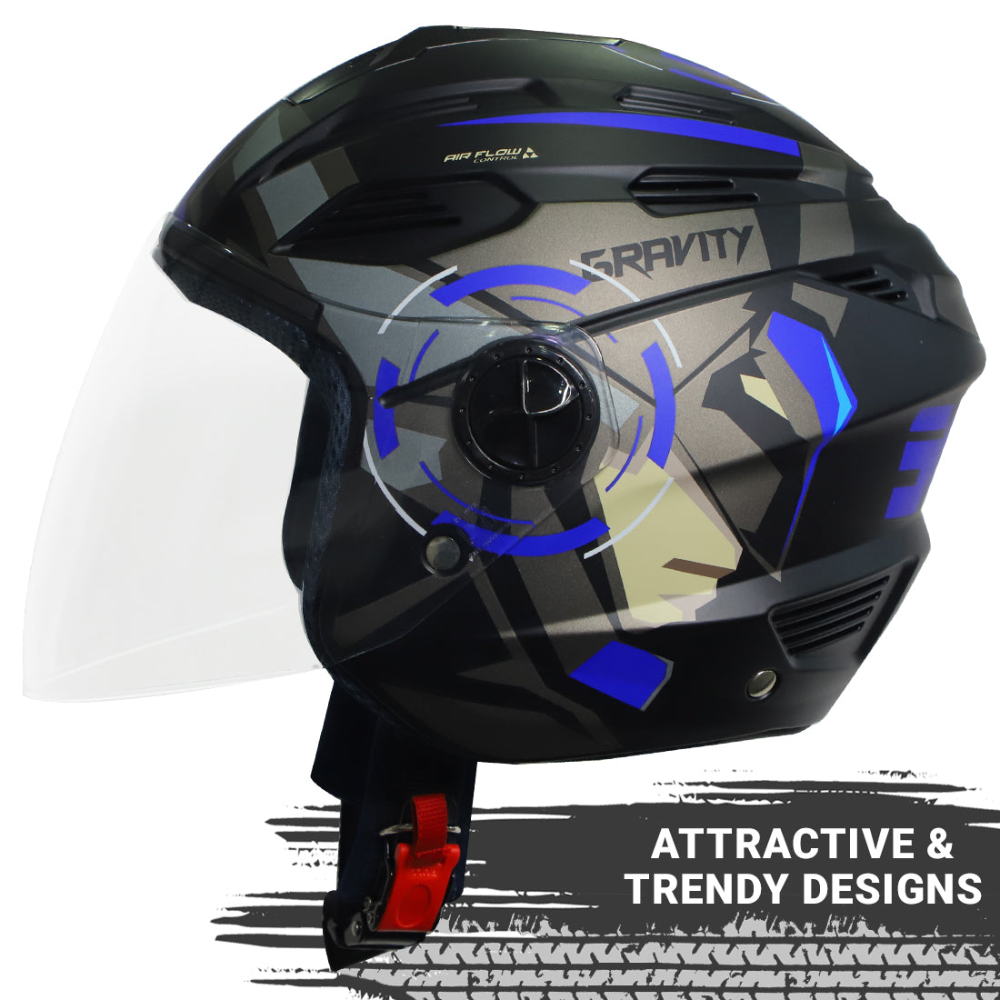 Steelbird SBA-6 7Wings Gravity ISI Certified Open Face Graphic Helmet for Men and Women (Matt Black Blue with Clear Visor)