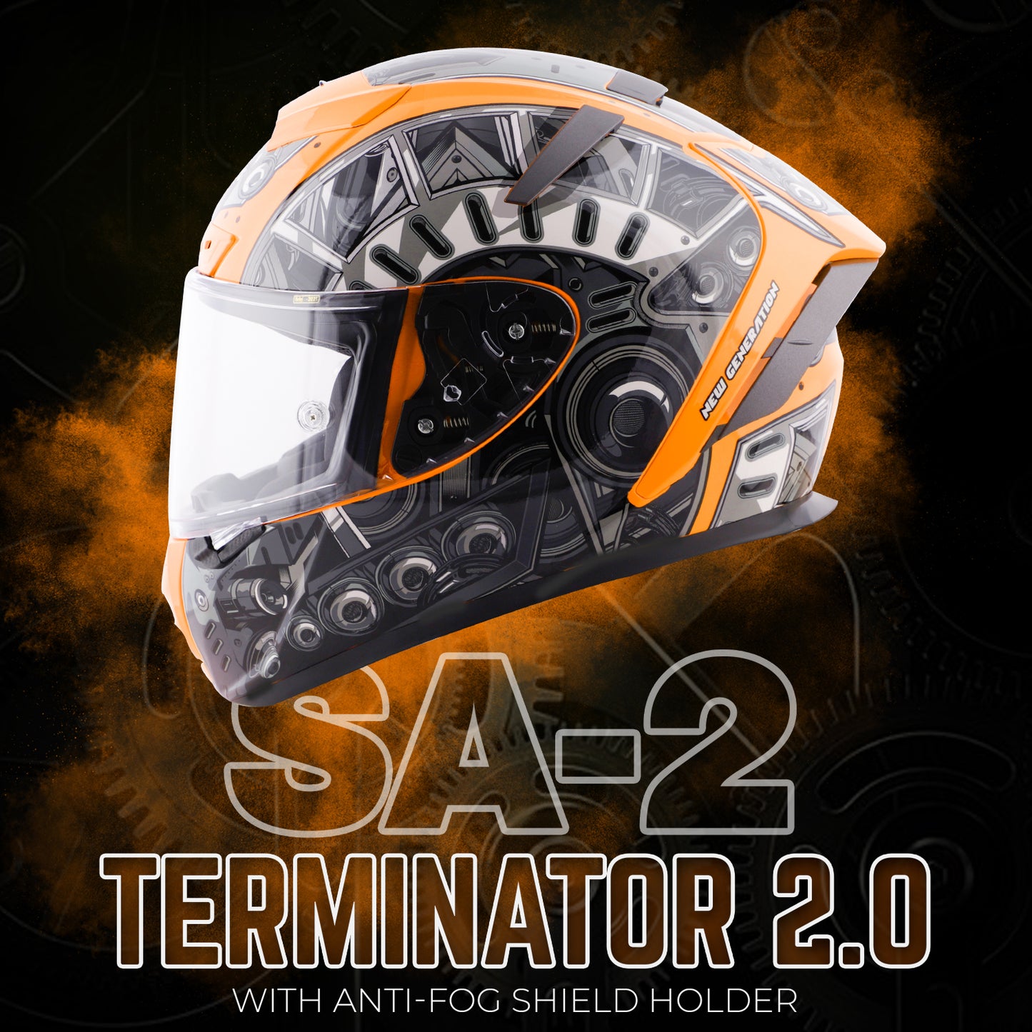 Steelbird SA-2 Terminator 2.0 ISI Certified Full Face Graphic Helmet (Glossy Fluo Orange Grey with Clear Visor)