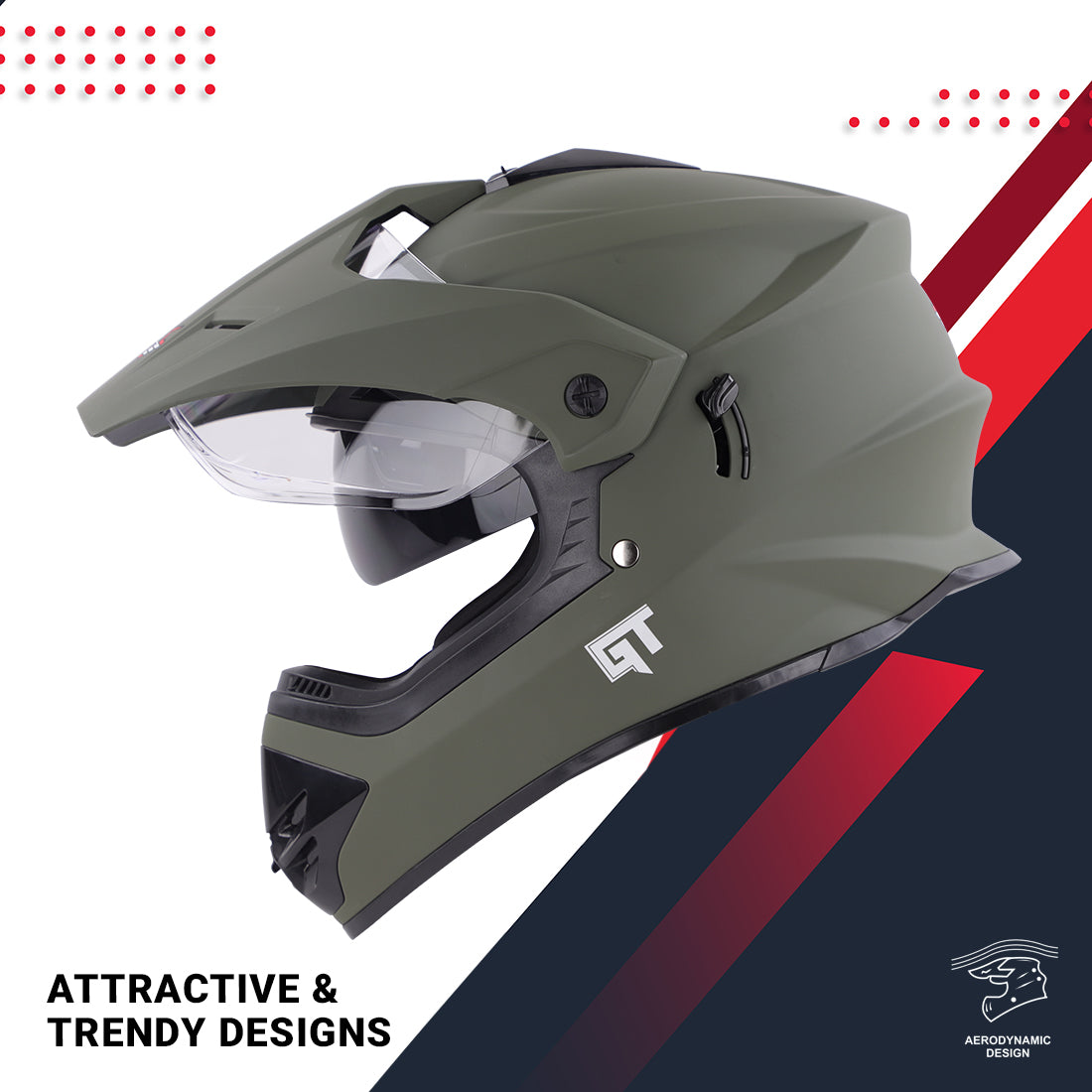 Steelbird GT Off Road ISI Certified Motocross Double Visor Full Face Helmet Outer Clear Visor and Inner Smoke Sun Shield (Matt Battle Green)