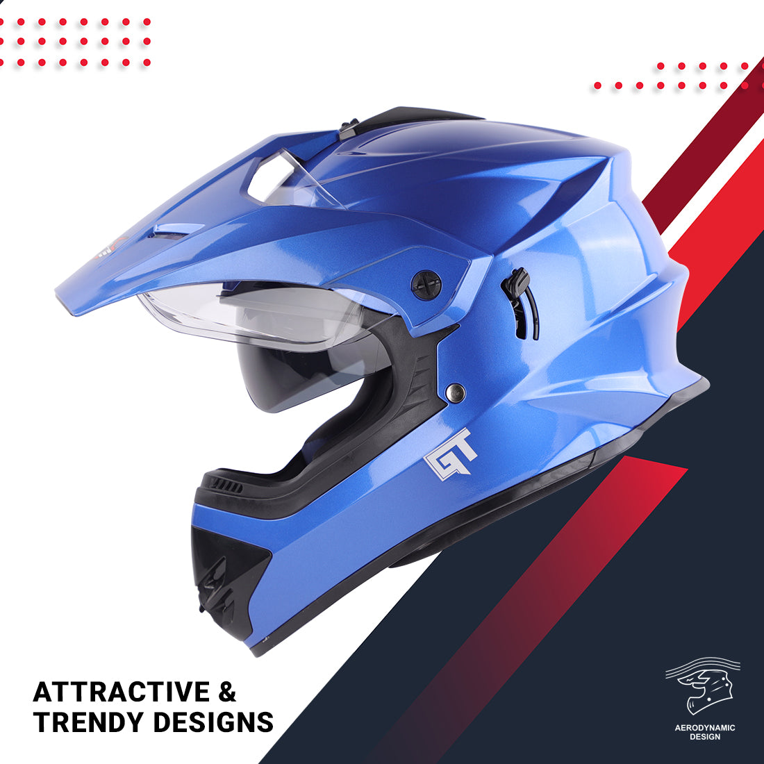 Steelbird GT Off Road ISI Certified Motocross Double Visor Full Face Helmet Outer Clear Visor and Inner Smoke Sun Shield (Glossy Y. Blue)