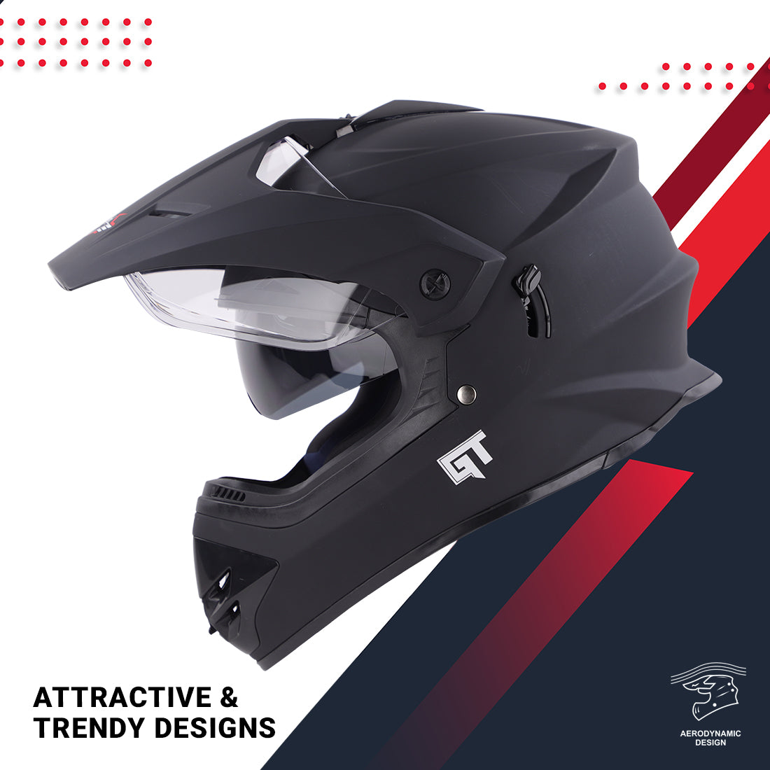 Steelbird GT Off Road ISI Certified Motocross Double Visor Full Face Helmet Outer Clear Visor and Inner Smoke Sun Shield (Matt Black)