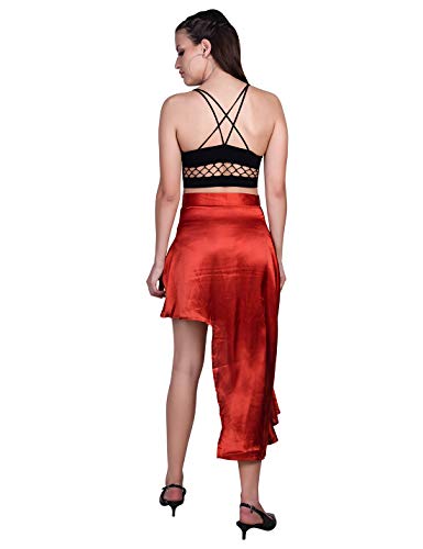 ORZEL Girls/Women’s Satin Asymmetrical Ruffle Skirt Latest Women Western Short Dresses (Rust Orange)