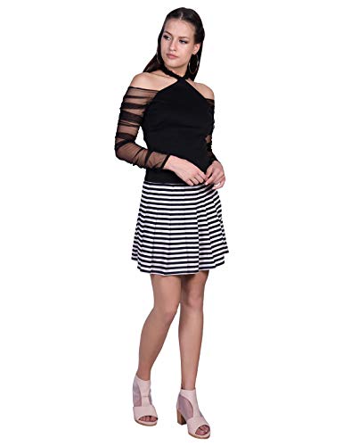 ORZEL Girls Stripe Knife Pleated Skirt Short Length Front Zip Fly with Snap Button Latest Women Western Short Dresses (Black/White Stripe)