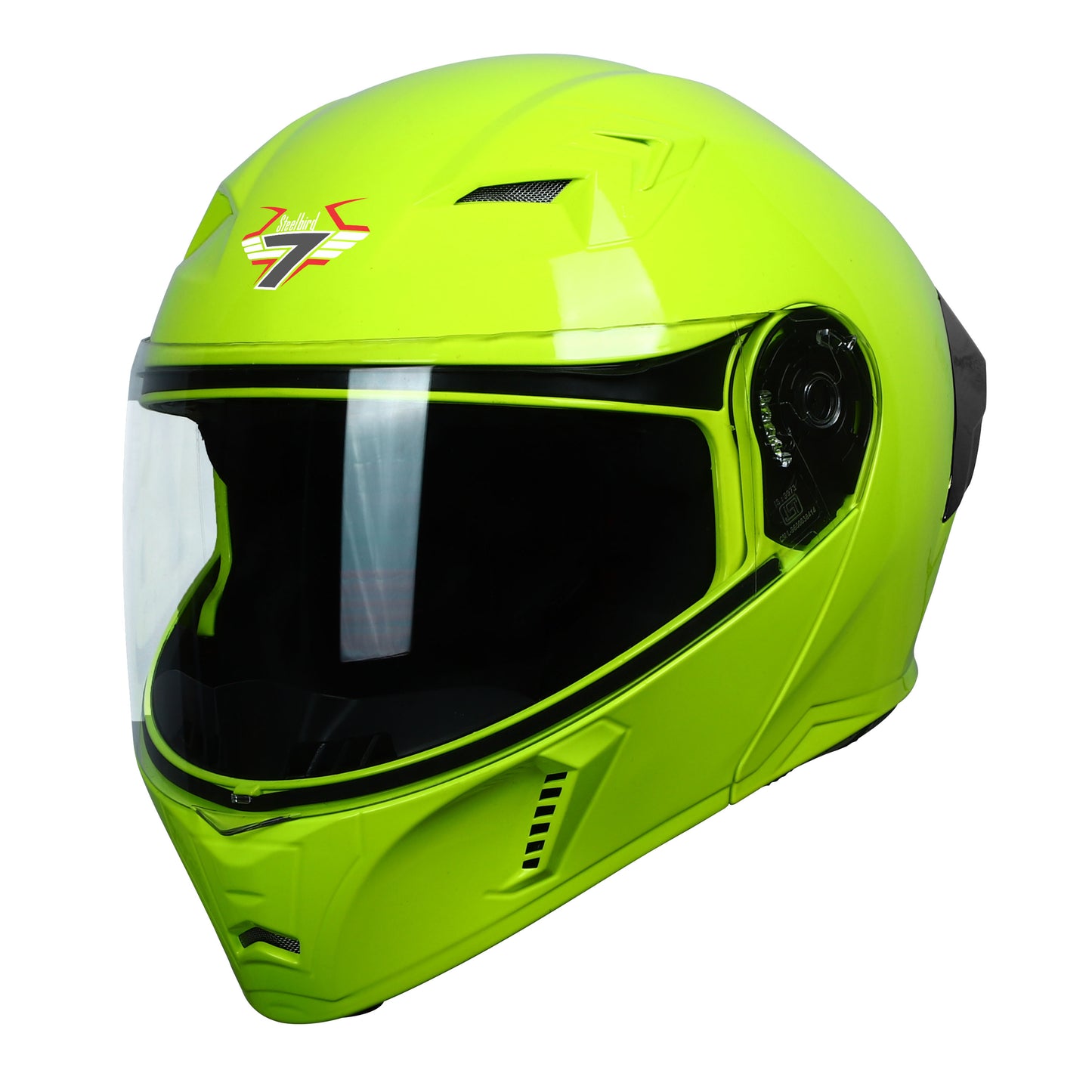 Steelbird SBA-20 7Wings ISI Certified Flip-Up Helmet with Black Spoiler for Men and Women (Glossy Fluo Neon with Clear Visor)