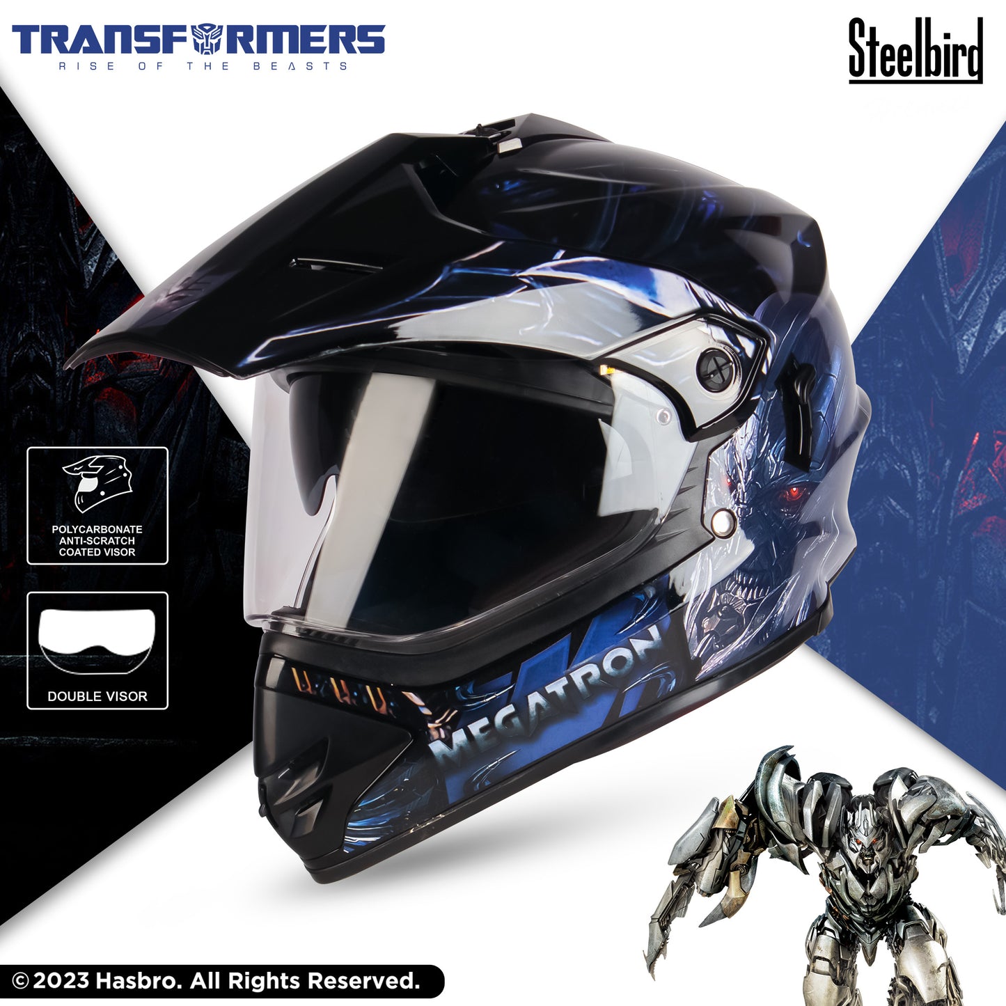 Steelbird SBH-13 Transformers Megatron ISI Certified Off Road Full Face Graphic Helmet for Men and Women ( Glossy Black Grey with Inner Sun Shield)