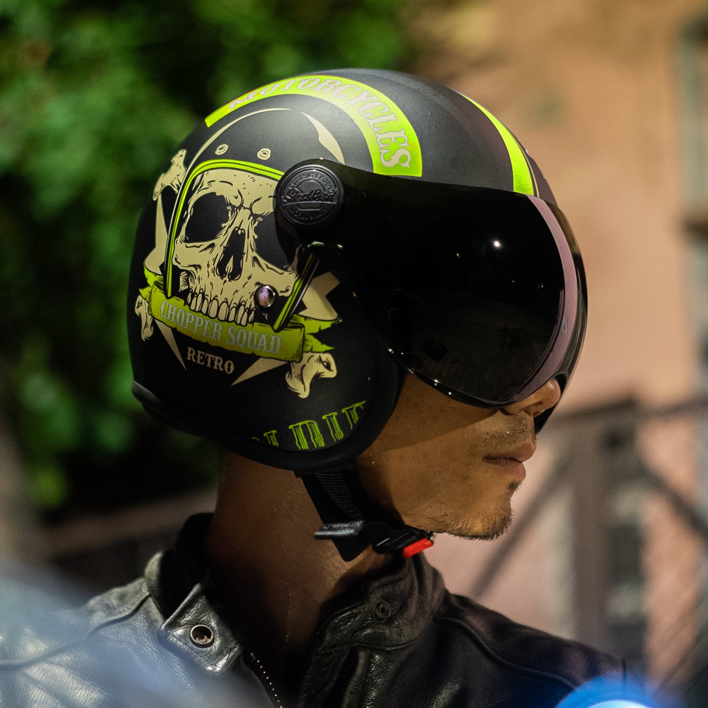 Steelbird SBH-54 Chopper Squad ISI Certified Open Face Helmet for Men and Women (Glossy Black Neon)
