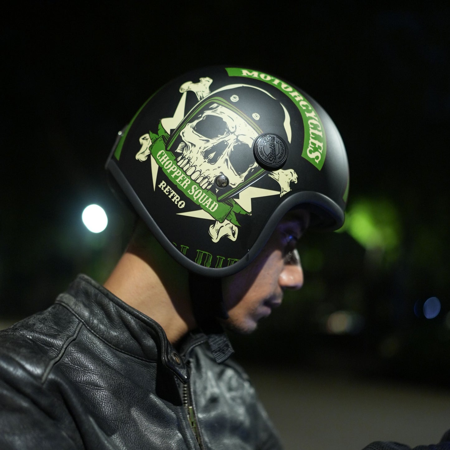 Steelbird SBH-55 Chopper Squad ISI Certified Open Face Helmet for Men and Women (Glossy Black Green)