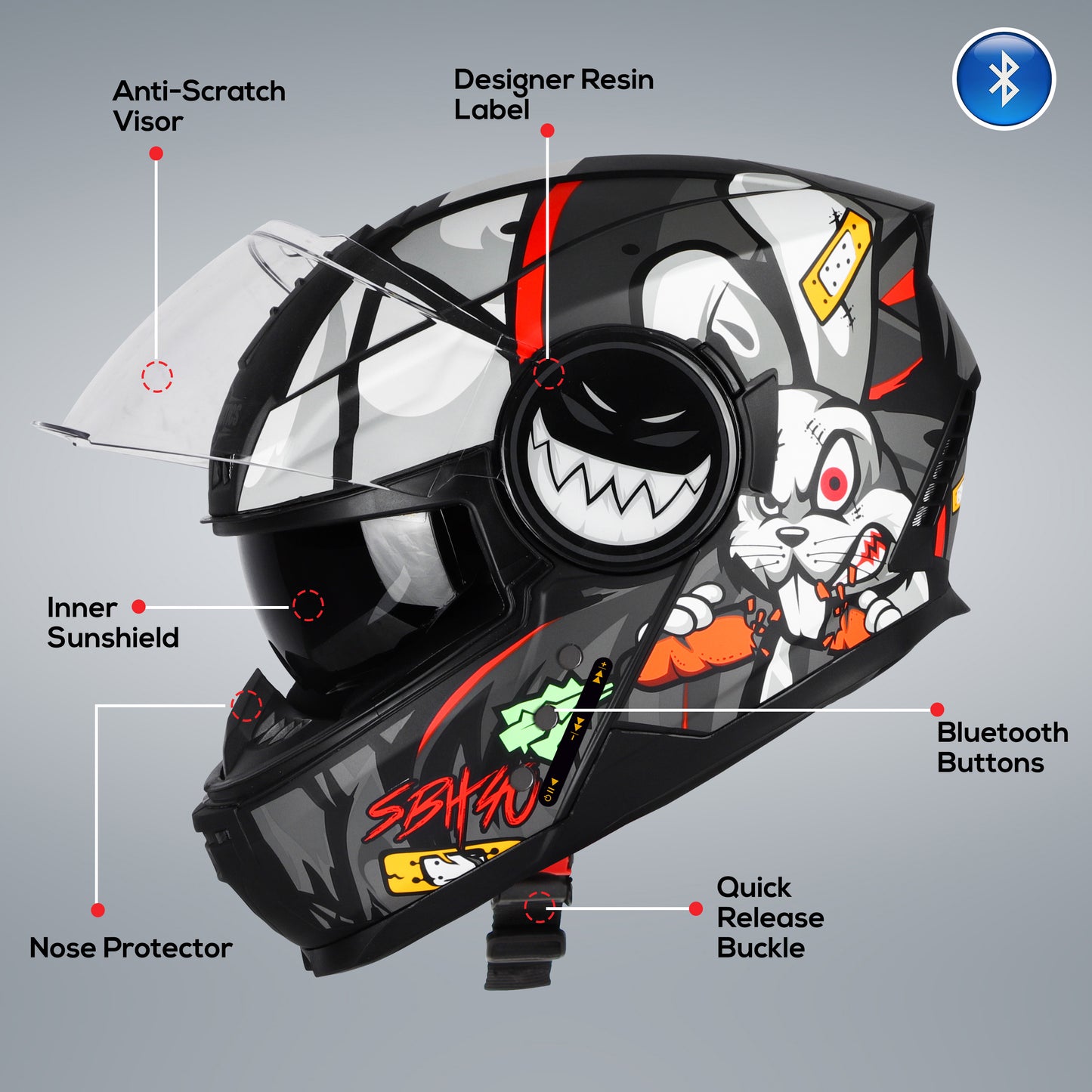 Steelbird Crazy Doe Bluetooth Full Face ISI Certified Graphic Helmet for Men with Inner Smoke Sun Shield | SBH-40 7Wings (Glossy Black Grey)