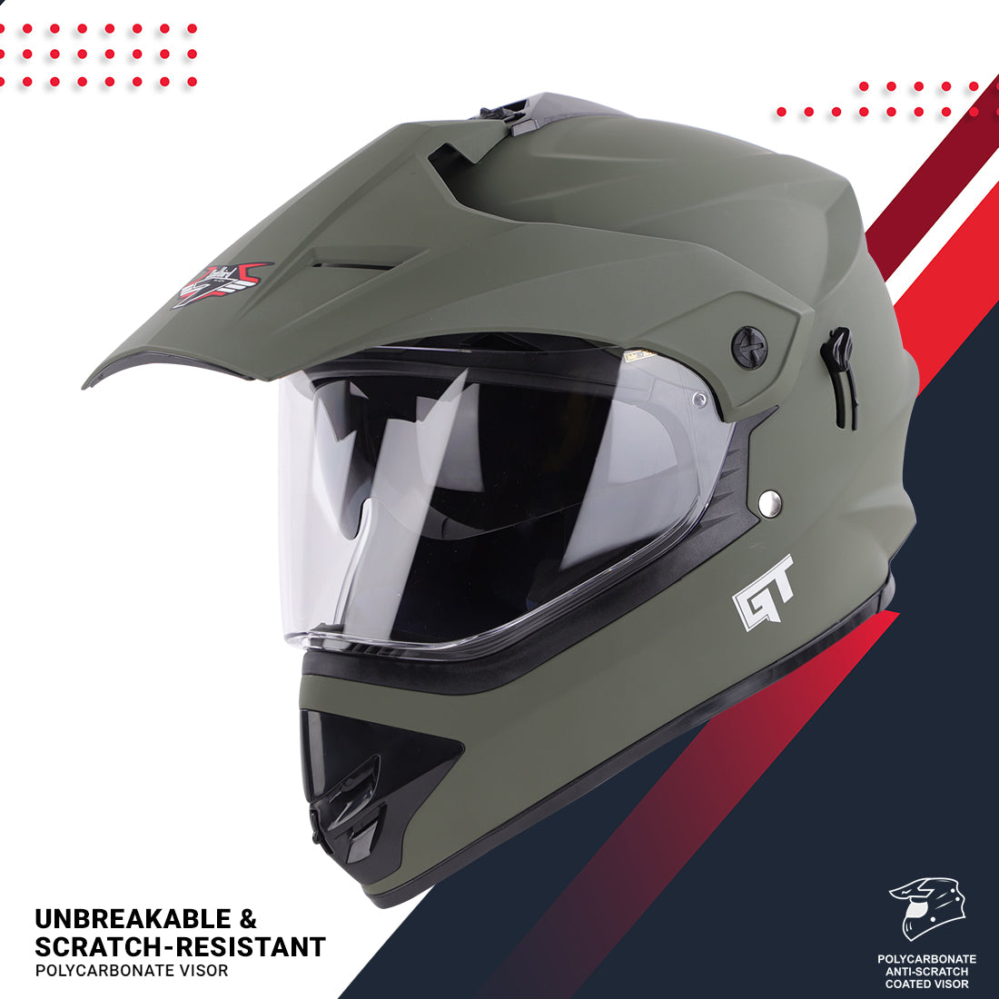 Steelbird GT Off Road ISI Certified Motocross Double Visor Full Face Helmet Outer Clear Visor and Inner Smoke Sun Shield (Matt Battle Green)