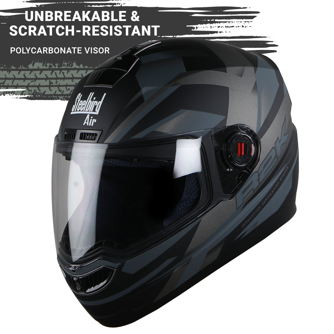 Steelbird SBA-1 R2K ISI Certified Full Face Graphics Helmet for Men and Women (Matt Black Grey with Clear Visor)