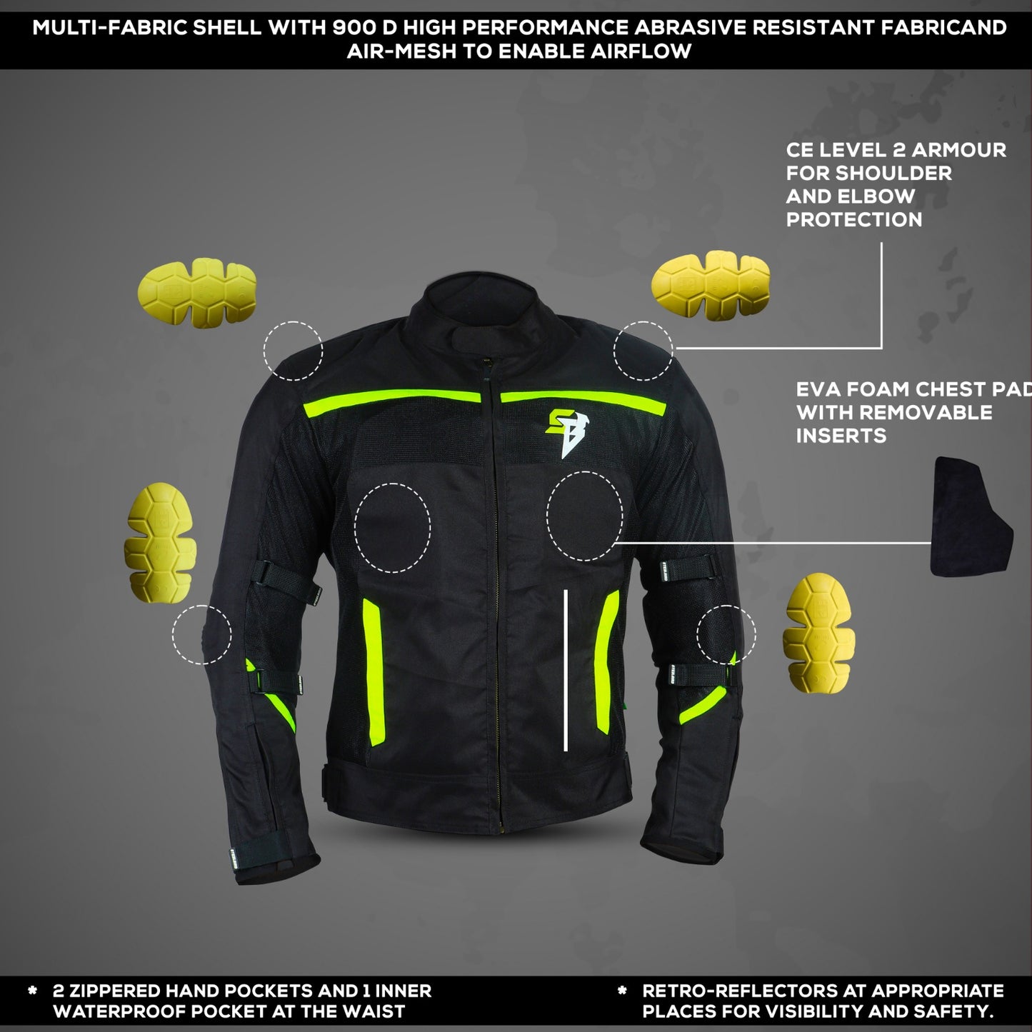 Steelbird Riding Jacket Zojila Z2 with Accordian Panel and Chest Pad - Removable CE Level 2 Protector and Zippered cuff (Neon)