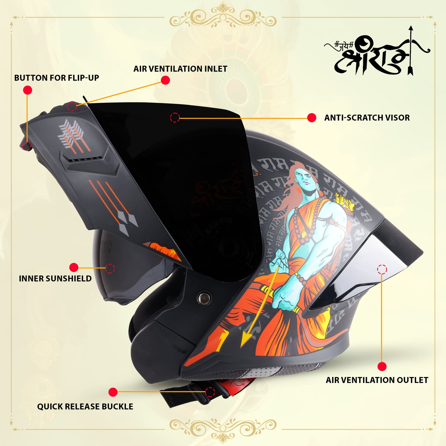 Steelbird SBA-20 Jai Shree Ram ISI Certified Flip-Up Helmet for Men and Women (Glossy Black Orange with Smoke Visor)
