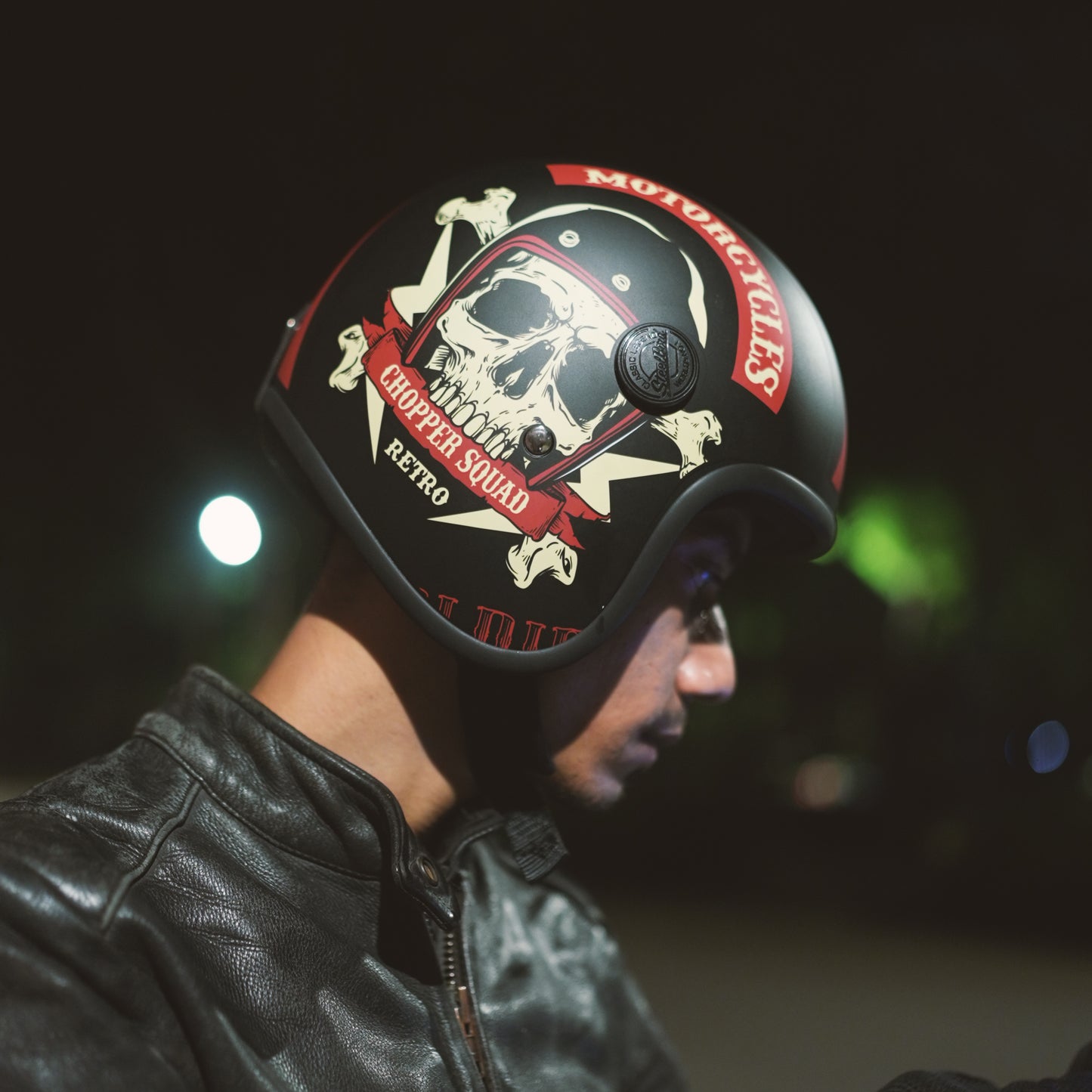 Steelbird SBH-55 Chopper Squad ISI Certified Open Face Helmet for Men and Women (Glossy Black Red)