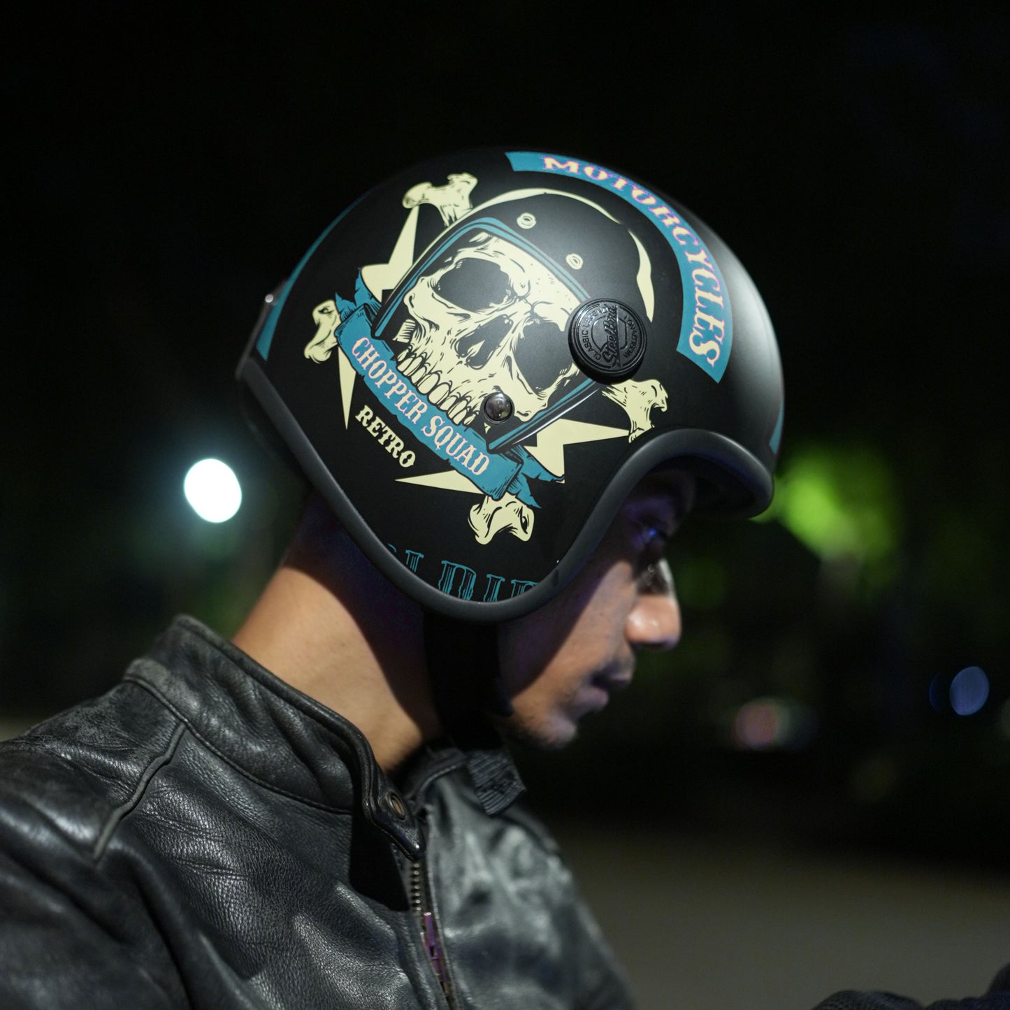 Steelbird SBH-55 Chopper Squad ISI Certified Open Face Helmet for Men and Women (Glossy Black Blue)