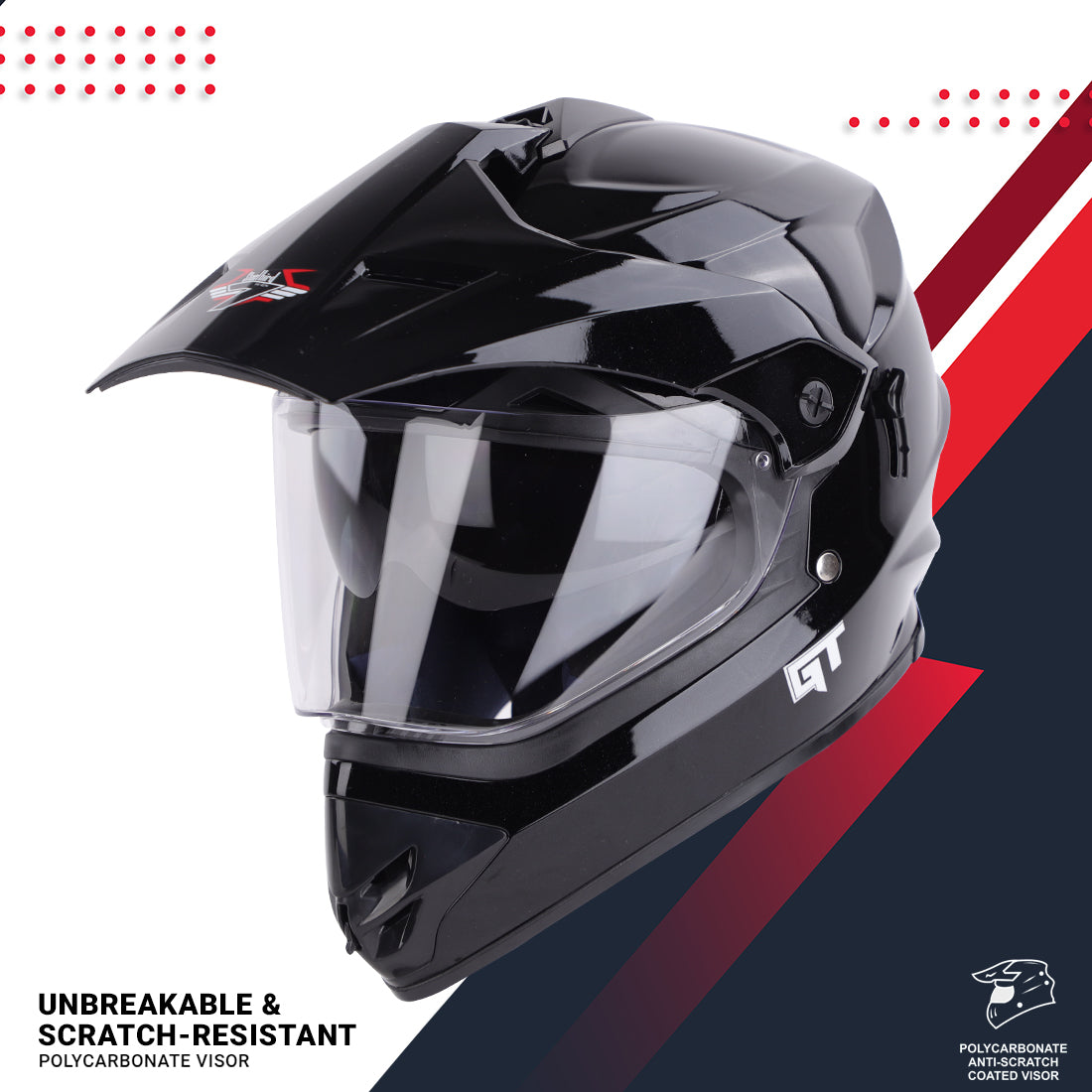 Steelbird GT Off Road ISI Certified Motocross Double Visor Full Face Helmet Outer Clear Visor and Inner Smoke Sun Shield (Glossy Black)