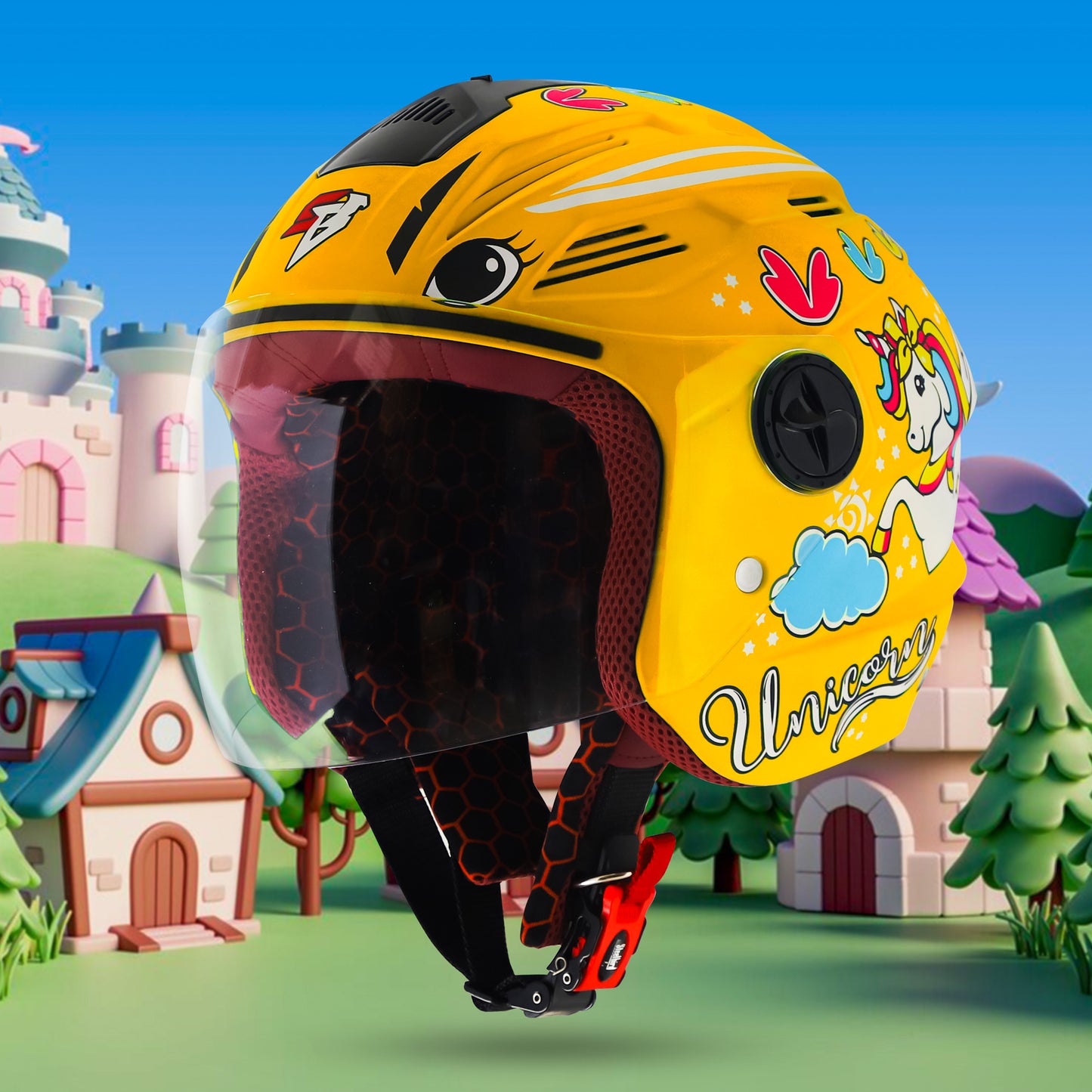 Steelbird SBA-6 Unicorn ISI Certified Open Face Graphic Helmet for Women and Kids (Matt Yellow with Clear Visor)