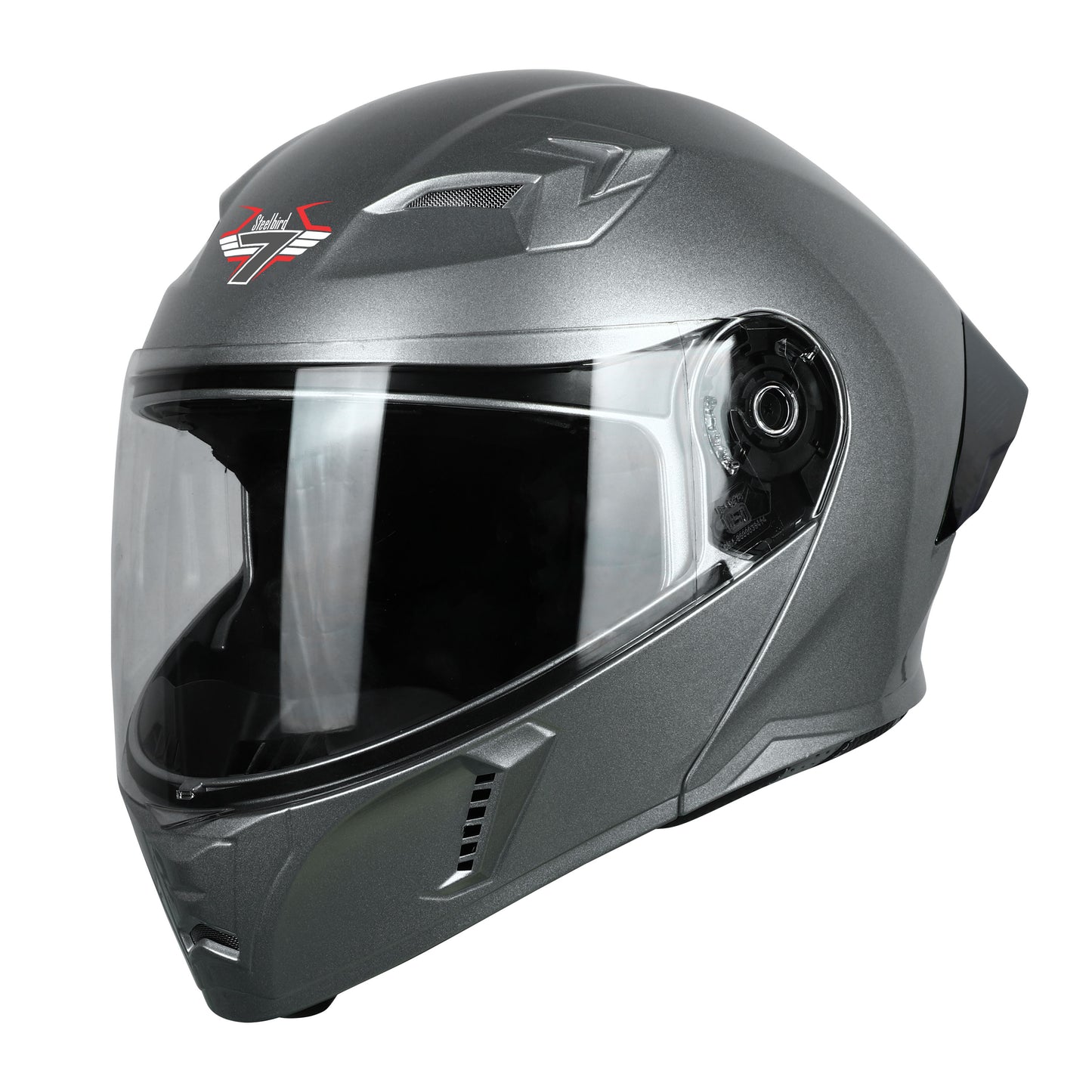 Steelbird SBA-20 7Wings ISI Certified Flip-Up Helmet with Black Spoiler for Men and Women (Glossy Silver with Clear Visor)