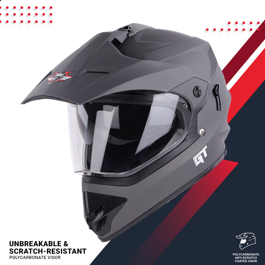 Steelbird GT Off Road ISI Certified Motocross Double Visor Full Face Helmet Outer Clear Visor and Inner Smoke Sun Shield (Matt Axis Grey)