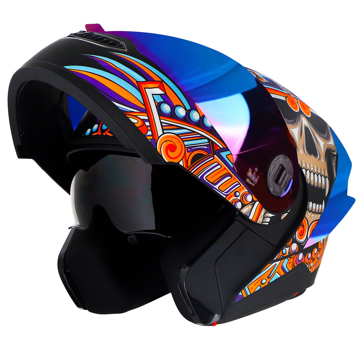 Steelbird SBA-8 Hunt ISI Certified Flip-Up Graphic Helmet for Men and Women with Inner Smoke Sun Shield (Glossy Black Orange with Rainbow Spoiler and Chrome Rainbow Visor)