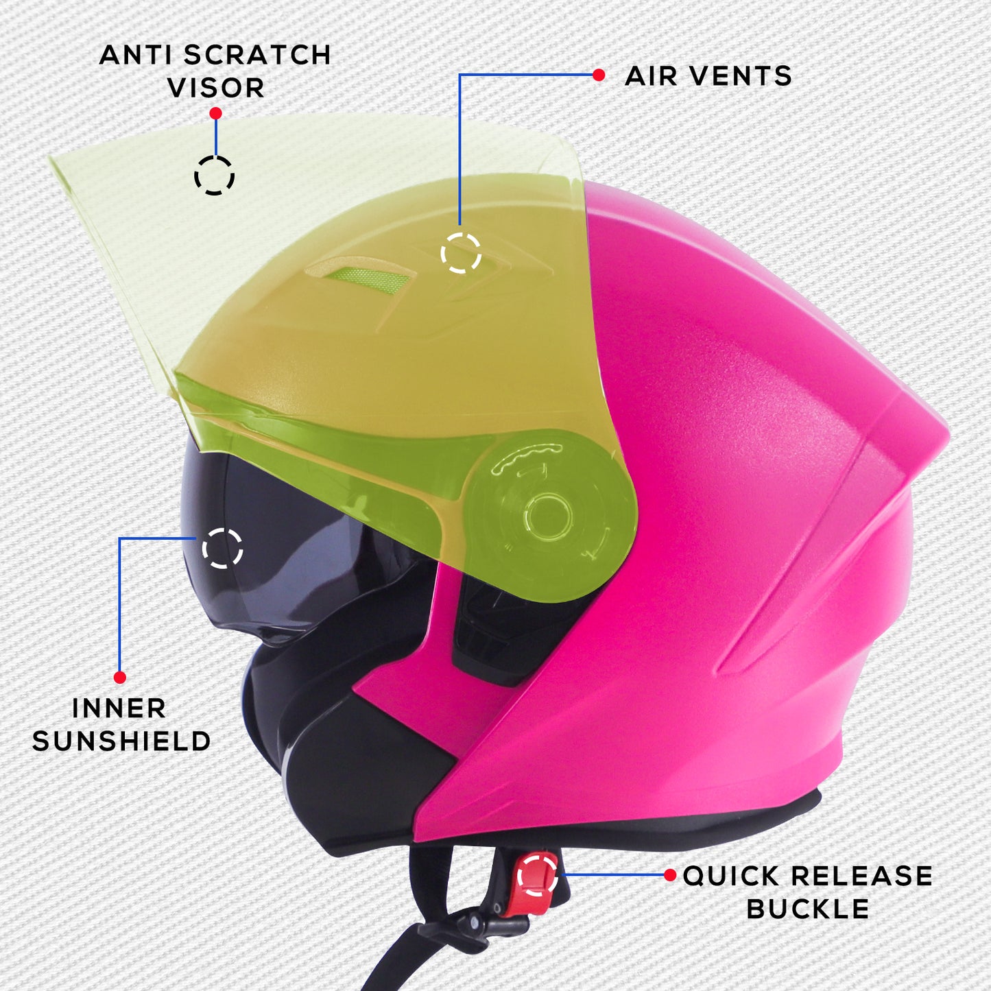 Steelbird SBA-17 7Wings ISI Certified Open Face Helmet for Men and Women with Inner Smoke Sun Shield (Dashing Pink with Tinted Yellow Visor)