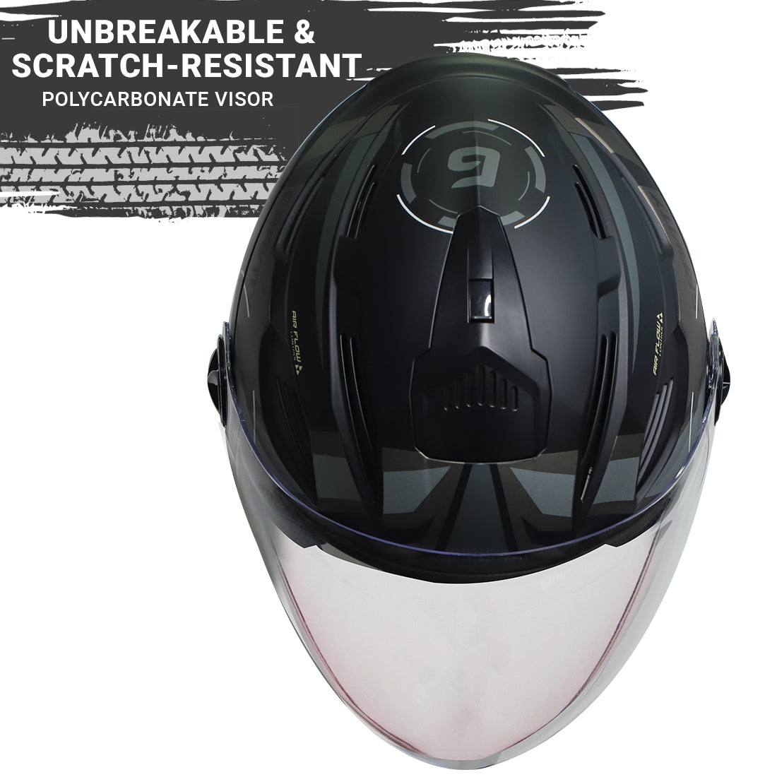 Steelbird SBA-6 7Wings Gravity ISI Certified Open Face Graphic Helmet for Men and Women (Matt Black Grey with Clear Visor)