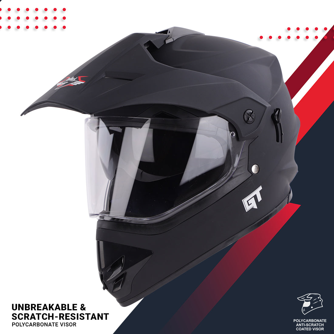 Steelbird GT Off Road ISI Certified Motocross Double Visor Full Face Helmet Outer Clear Visor and Inner Smoke Sun Shield (Matt Black)