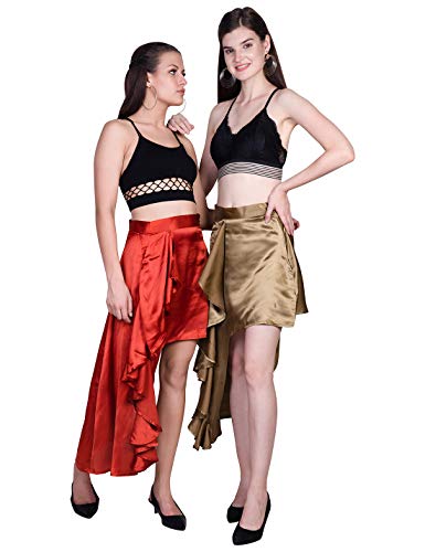 ORZEL Girls/Women’s Satin Asymmetrical Ruffle Skirt Latest Women Western Short Dresses (Rust Orange)